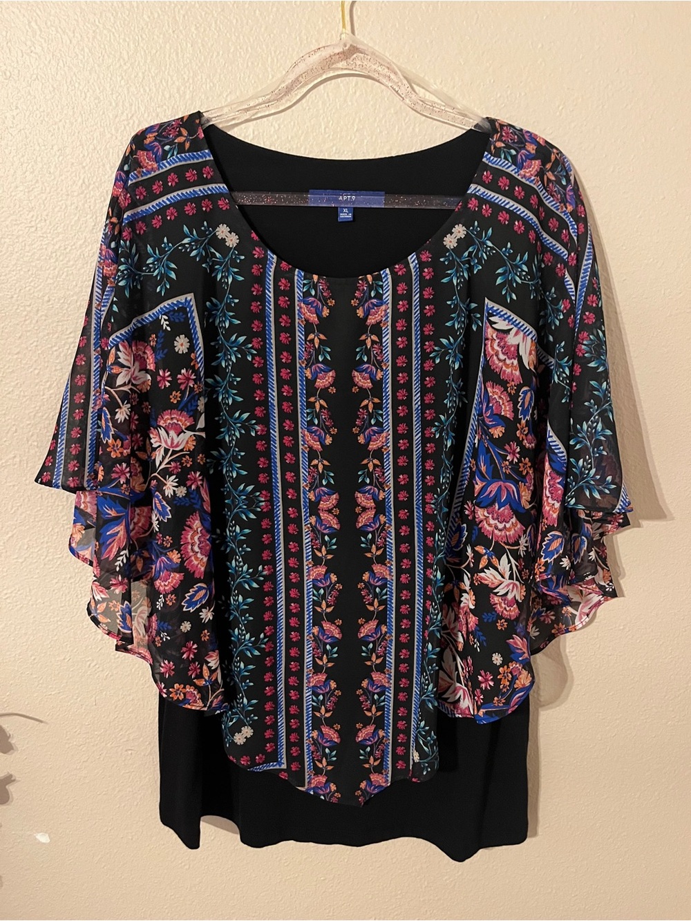 Apt. 9 Black Floral Flutter-Sleeve Overlay Blouse Size XL